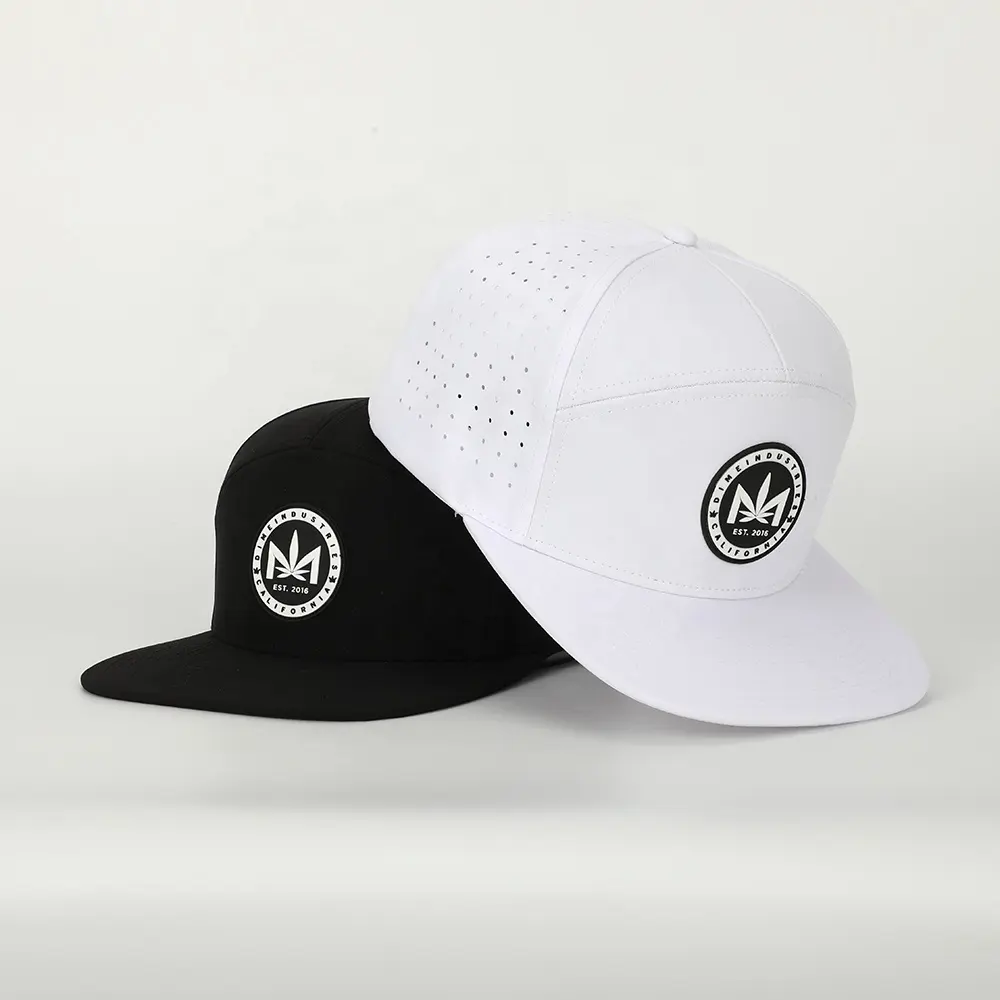 OEM Wholesale Custom 7 Panel Hip Hop Flat Brim PVC Patch Logo Gorras Snapback Caps,Waterproof Laser Cut Hole Perforated Hat