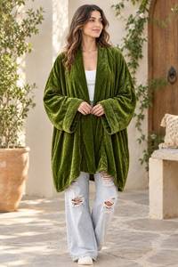 Women <b>Green</b> <b>Velvet</b> Kimono Cardigan Loose Fit Midi Length Casual Wear Polyester Material All Seasons Style India Pakistan Fashion - Product Image 2
