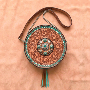 Handtooled Genuine Leather <b>Mini</b> Bag Vintage Bohemian Canteen Purse Tassel Crossbody Strap Zip Closure <b>Canvas</b> Lining Small - Product Image 1