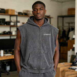 Gilet sans manches à capuche RAMAX, coupe ample, coton 400 GSM, fermeture éclair, sweat à capuche pour homme avec poche, logo personnalisé - Product Image 3