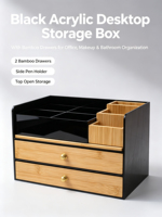 Organisateur de bureau en acrylique noir bambou, boîte de rangement de bureau pour fournitures de bureau, maquillage, cosmétiques, adapté pour la maison, le bureau