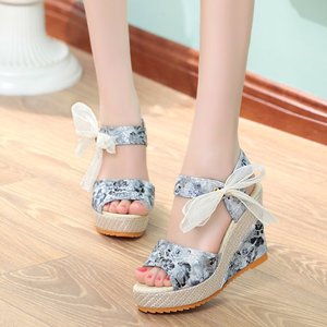 Women's <b>Summer</b> Casual Slippers New Style Super High Heeled Flower <b>Wedge</b> Tie Bow <b>Sandals</b> Lace-Up Outdoor Bohemian Shoes - Product Image 2