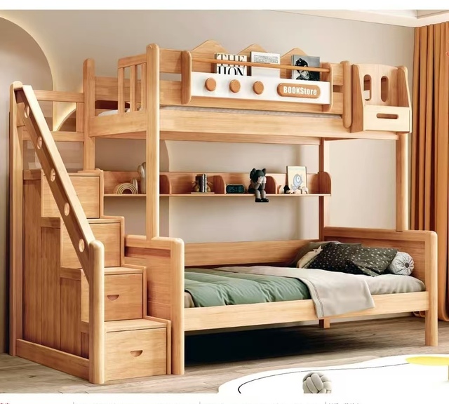 2026 Modern Simple Solid Wood Beech High and Low Bunk Adult Children Bedroom Furniture Minimalist Wooden Bunk Beds With Storage