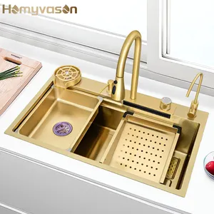 Moderne Roestvrijstalen Goud Multifunctionele Slimme Waterval Kraan Gootsteen Met Cup Wasmachine