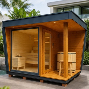 Sauna Moderna da Esterno e Vasca per Immersione a Freddo Combinata, Unità in Legno Naturale a Forma di Cubo con Vasca per Bagno di Ghiaccio Alphas per Giardino, Villa, Casa e Spa - Product Image 1