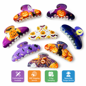 Pince <span class=keywords><strong>à</strong></span> cheveux personnalisée en acétate grande taille pour Halloween, motifs mignons citrouille, fantôme, chauve-souris, araignée effrayante, chat noir, vente en gros pour femmes - Product Image 1
