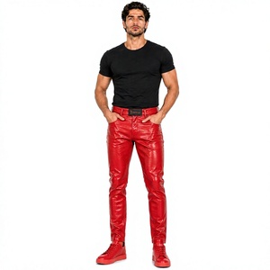 Men's <b>Red</b> PU Coated Straight Fit Casual Pants With <b>Belt</b> And Button Fly Mid Waist Design - Product Image 1