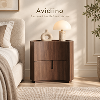Table de chevet en noyer de style mi-siècle avec 2 tiroirs incurvés et rangement ouvert, table de nuit moderne en bois pour chambre à coucher et mobilier d'hôtel