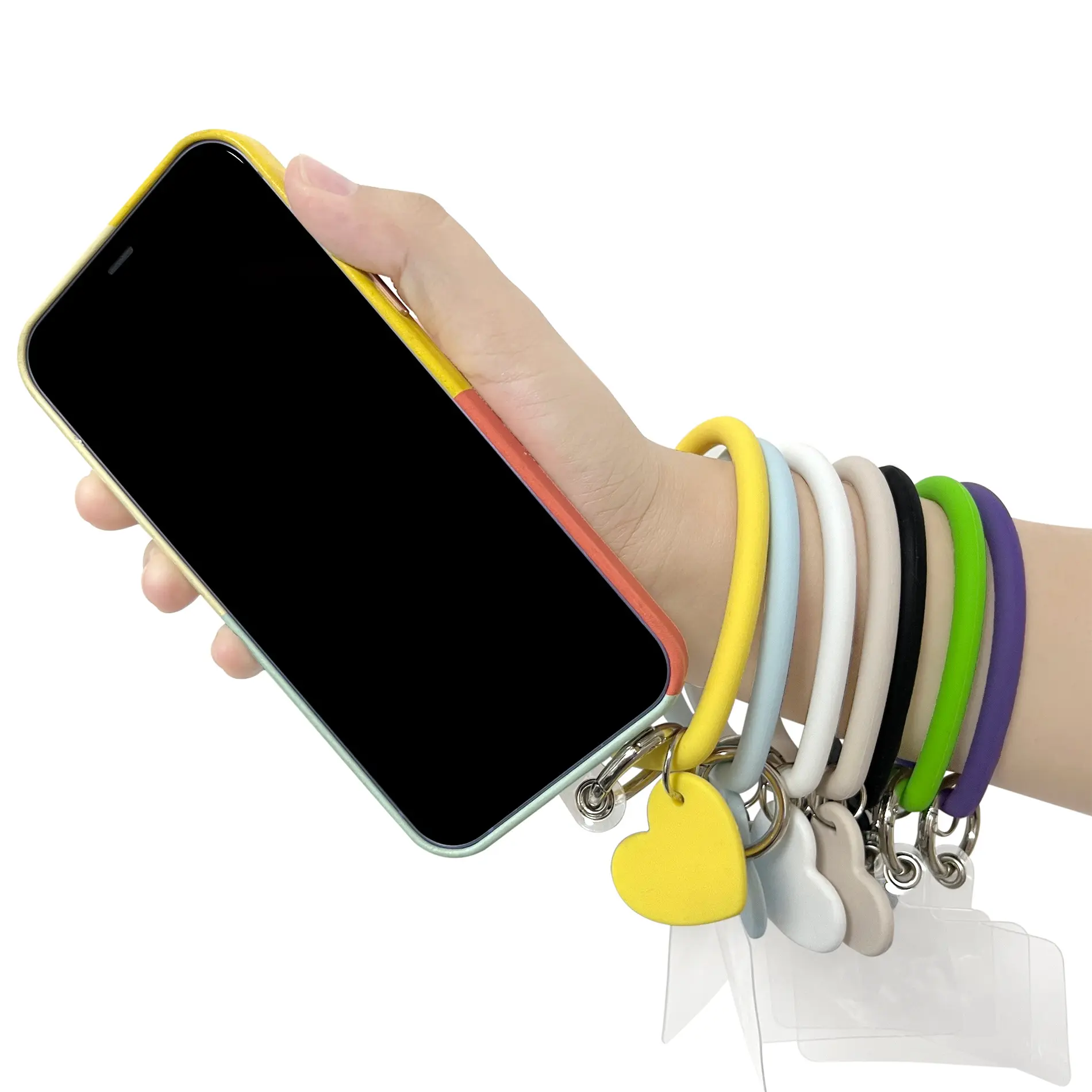 Offre Spéciale coloré coeur lanière bracelets porte-bonheur silicone coque de téléphone chaîne Anti-chute Anti-perte Bracelet en Silicone pour téléphone portable