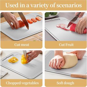 Ensemble de 4 planches à découper en titane de qualité alimentaire pour cuisine, avec rainure pour jus, tapis antidérapant, chiffon de nettoyage, épaisseur 0,08 po, planche à découper pour viande - Product Image 5
