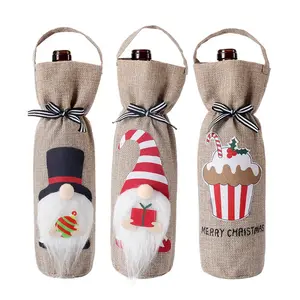 Harga grosir dekorasi Natal kartun Santa ornamen Linen anggur merah sampanye Natal Gnome botol anggur penutup