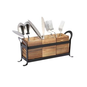 Wooden Cutlery Organizer With Metal Frame 33x9x15cm Kitchen Countertop Storage <b>Rack</b> For Knife Fork Spoon <b>Dish</b> Drying - Product Image 1