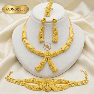 Parure de collier et pendentif en or 24 carats plaqué or, motif floral, pour mariée, avec chaîne en boîte, bijoux de mariage africains, indiens et arabes - Product Image 1