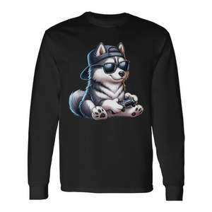 Camiseta de manga larga con diseño de perro Husky jugando videojuegos, ropa informal - Product Image 1