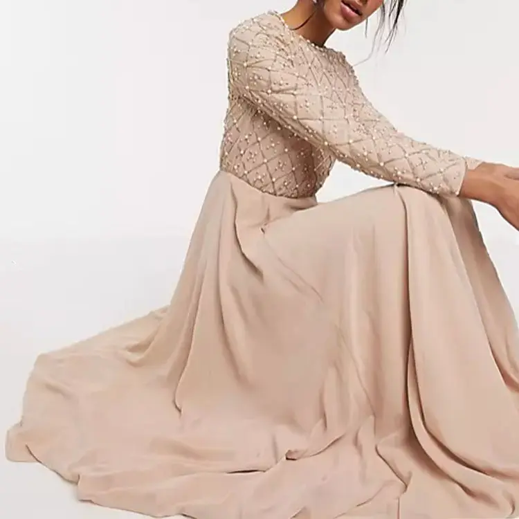 2022 Summer Ladies Elegant long sleeve Pearl Tulle Skirt Maxi Dress For Wedding Gold Color Women Bridesmaid Dresses Wedding
