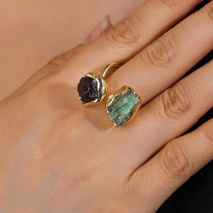 Bague artisanale irrégulière en or double pierre, avec fluorite, améthyste et citrine, ajustable, bijou de mode - Product Image 4