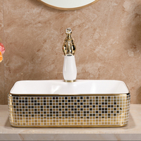 Lavabo autoportant rectangulaire en céramique mosaïque dorée à électrolyse, lavabo de salle de bain en or