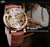 Montre-Bracelet Homme Winner Luxe Transparent Doré Boîtier Décontracté Cuir Marron Montre Mécanique Squelette