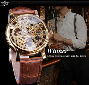 우승자 손목 시계 남자 시계 럭셔리 투명 황금 케이스 캐주얼 디자인 갈색 가죽 망 시계 기계식 해골 시계