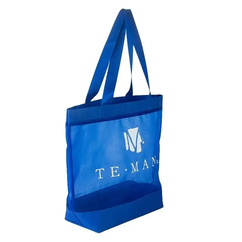 custom logo Print high quality Mesh Bags Waterproof Tote Bag dark blue nylon mesh beach bag wholesale