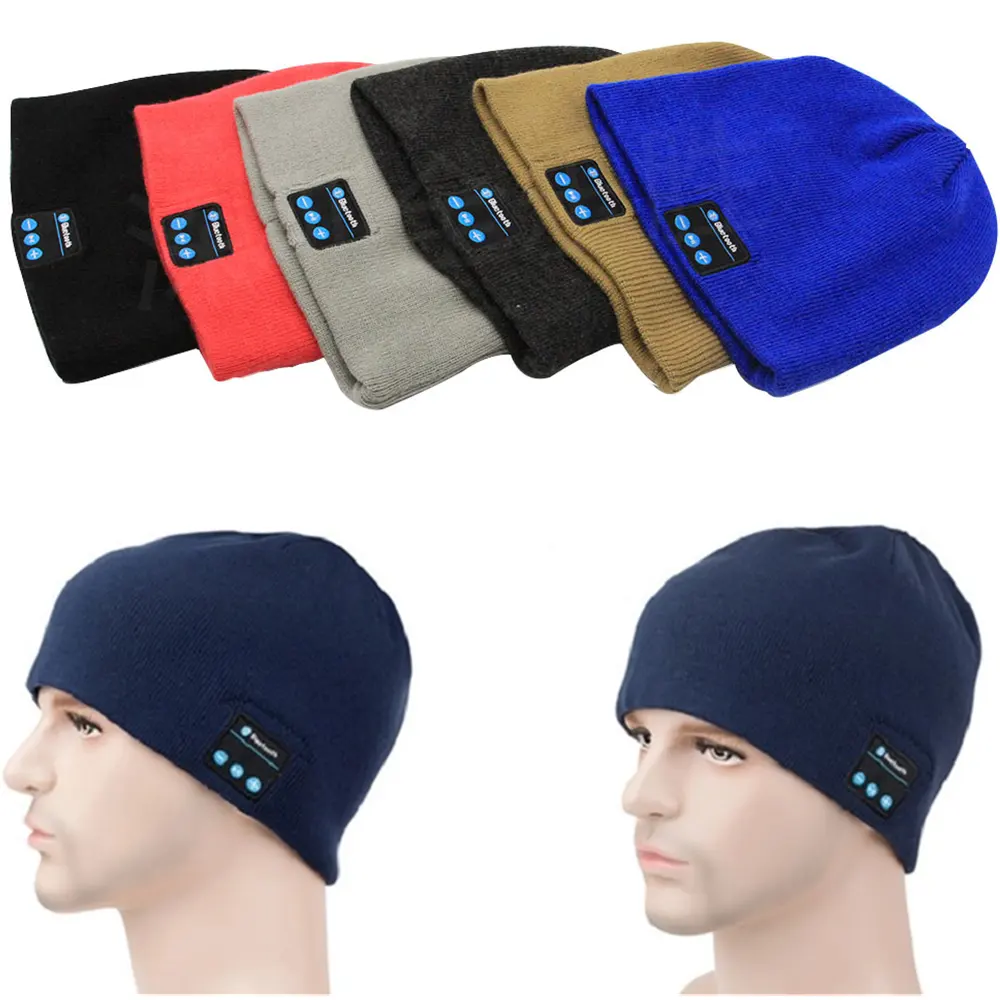 Cheap Custom Sports Unisex Colorful Winter Warm Slouchy Knitted Cap Music Wireless Blue a tooth Beanie Hat