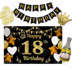 Siyah altın 18. Doğum günü kumaş Poster afişler taç folyo balonlar ve 18. Doğum günü partisi dekorasyon için konfeti balonları set