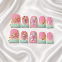 Tips Kuku Bentuk Bebek Buatan Tangan Pink Teal Gradasi Emas Bintang Laut 3D Bunga Daun 10 Pcs Full Coverage Kuku Tempel
