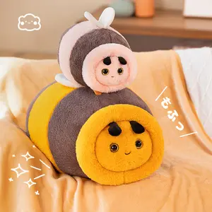 新款可爱蜜蜂毛绒枕头玩具卡哇伊毛绒动物蜜蜂带毯毛绒抱枕靠垫