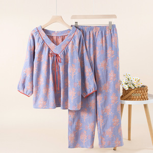 Nuovo <span class=keywords><strong>Pigiama</strong></span> in Cotone a Doppio Strato con Maniche 3/4 in Stile Nazionale per Donne, Set Primaverile/Estivo <span class=keywords><strong>Leggero</strong></span> con Pantaloni Lunghi - Product Image 4
