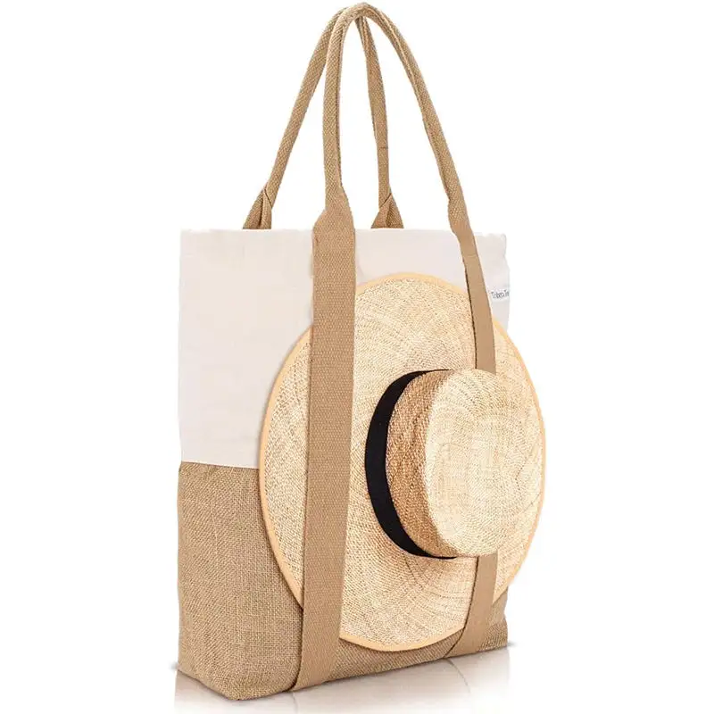 Hot Sale Lightweight Summer Casual Style Dual-tone Natural Woven Beach Tote with Straw Hat Holder