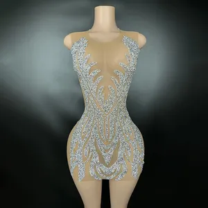 NOVANCE Y3275-Csexy透明ドレスのブラジャーの胸のない女の子ノースリーブドレスウエディングドレス短い手作りとシルバーのスパンコール