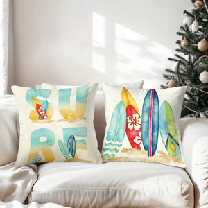 Bantal hias bernuansa laut menghiasi ruang tamu yang nyaman dengan papan selancar, pohon palem, dan mobil van vintage untuk dekorasi pecinta pantai. - Product Image 3