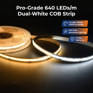 Bande lumineuse LED COB CCT à double blanc 640 LED/m, 24V, réglable 2700K-6500K, flexible, pour projets haut de gamme - Product Image 5