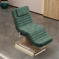 Tables de Massage de Luxe Vert Velours, Lit Esthétique Électrique 3 Moteurs pour Soins du Visage et Tête, Base LED Effet Bois