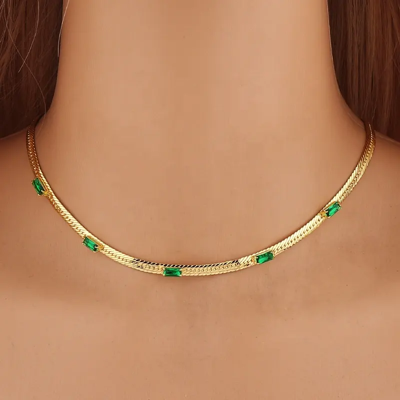 Flat Snake Chain 18k Gold Necklace Color Zirconia Stones Women Choker Bling Girl Fashion Jewelry Necklaces