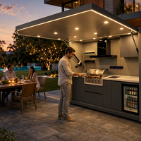 Module de cuisine BBQ extérieur préfabriqué, armoire en aluminium étanche, éclairage LED, réfrigérateur et grill intégrés pour villa et camping