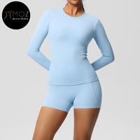 Ensemble 2 pièces pour femmes, taille plus, haut à manches longues en nylon brossé uni, short de sport à taille élastique, vêtements de sport pour yoga, pilates, séchage rapide