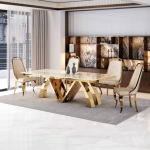 Ensemble Table et Chaises de <span class=keywords><strong>Salle</strong></span> à <span class=keywords><strong>Manger</strong></span> en Marbre Moderne avec Pieds en Acier Inoxydable et Cadre Métallique pour Maison et Hôtel - Product Image 5