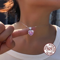 Romantische 925 Sterling Zilver 8A Top Zirkoon Sprankelende Roze Hartvormige Hangertjesketting voor Vrouwen Valentijnsdag Cadeau
