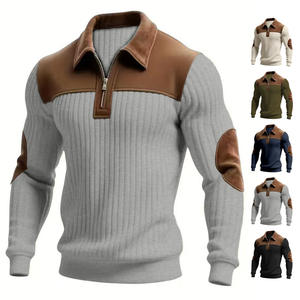 Pull tricoté pour homme avec col, patchwork, fermeture éclair sur le devant, décontracté, pour l'automne et l'hiver, modèle combiné, manches longues, design côtelé - Product Image 1