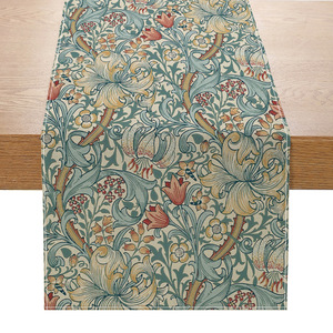 Camino de mesa con estampado retro de plantas y flores verdes de la - Product Image 2
