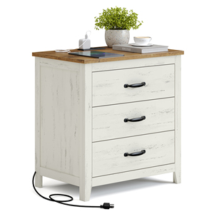 <span class=keywords><strong>Table</strong></span> <span class=keywords><strong>de</strong></span> <span class=keywords><strong>chevet</strong></span> style ferme pour chambre à coucher, collection LIRY, avec 3 tiroirs et station <span class=keywords><strong>de</strong></span> charge, idéale pour appartement - Product Image 1