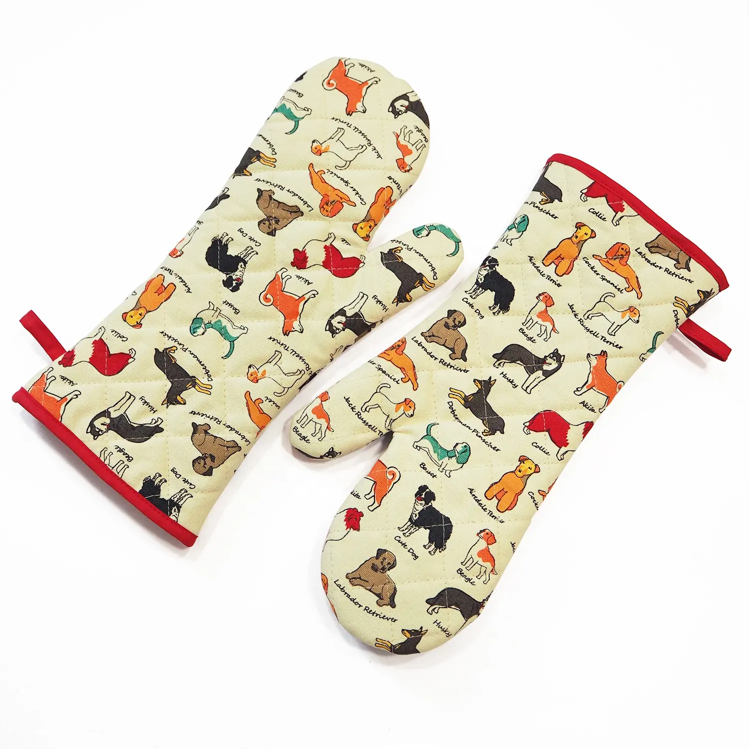 A pair of cartoon dog pattern farm style Kitchen accessories anti scald cotton yellow oven gloves barbecue soft oven mitts
