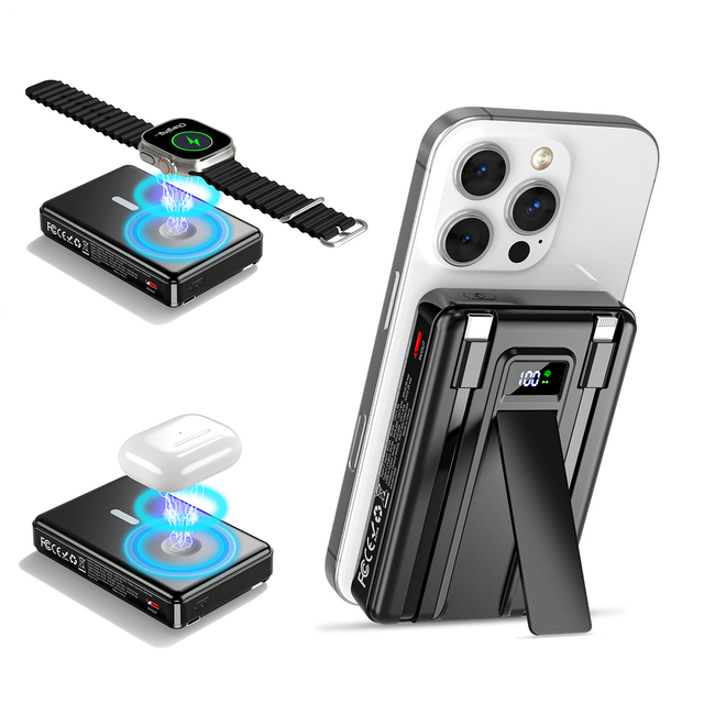 Built-in Cable Custom Magnetic Aluminum Alloy 20W 10000mAh Ultra Slim Portable Mini Wireless Power Bank with Foldable Stand