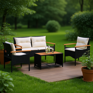 Ensemble de canapé de jardin en rotin noir avec coussins, 3 places, mobilier d'extérieur, design contemporain, structure en teck - Product Image 2