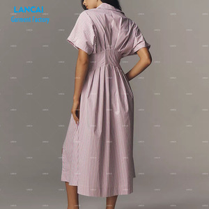 เดรสลำลองแขนสั้นเอวสูงผ้าฝ้ายลายทางสำหรับผู้หญิงดีไซน์เสื้อผ้าตามสั่ง - Product Image 3