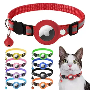 Custom Logo Anti Lost Adjustable Reflective Airtag Cat Collar With PU Airtag Holder For Locator Tracker Protective Case