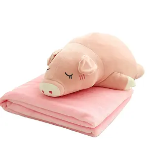 可爱毛绒动物猪2合1抱枕毛绒兔子垫毛毯配法兰绒毛毯