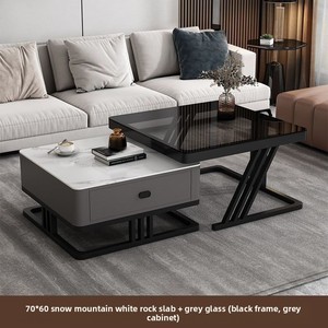 Tavolino da Caffè Multifunzionale in Stile Italiano Moderno con Cassetto Portaoggetti, Piano in Vetro, Pietra Sinterizzata e Struttura in Metallo per Soggiorno - Product Image 2