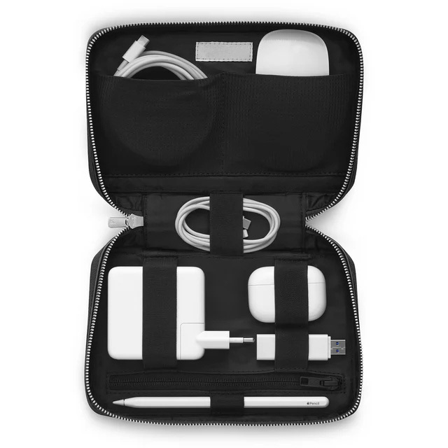 Custom logo Luxury Portfolio Cable Charger USB Tech Essentials Organizer Case Zip Pocket Leather Travel Folder